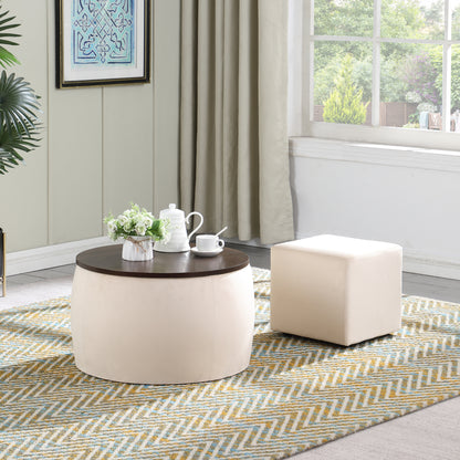 Versa Round Ottoman Set with Storage - Beige