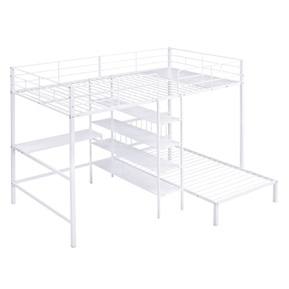 Harmony Haven Twin Loft Bed with Integrated Desk, Storage, and Staircase, Snow White