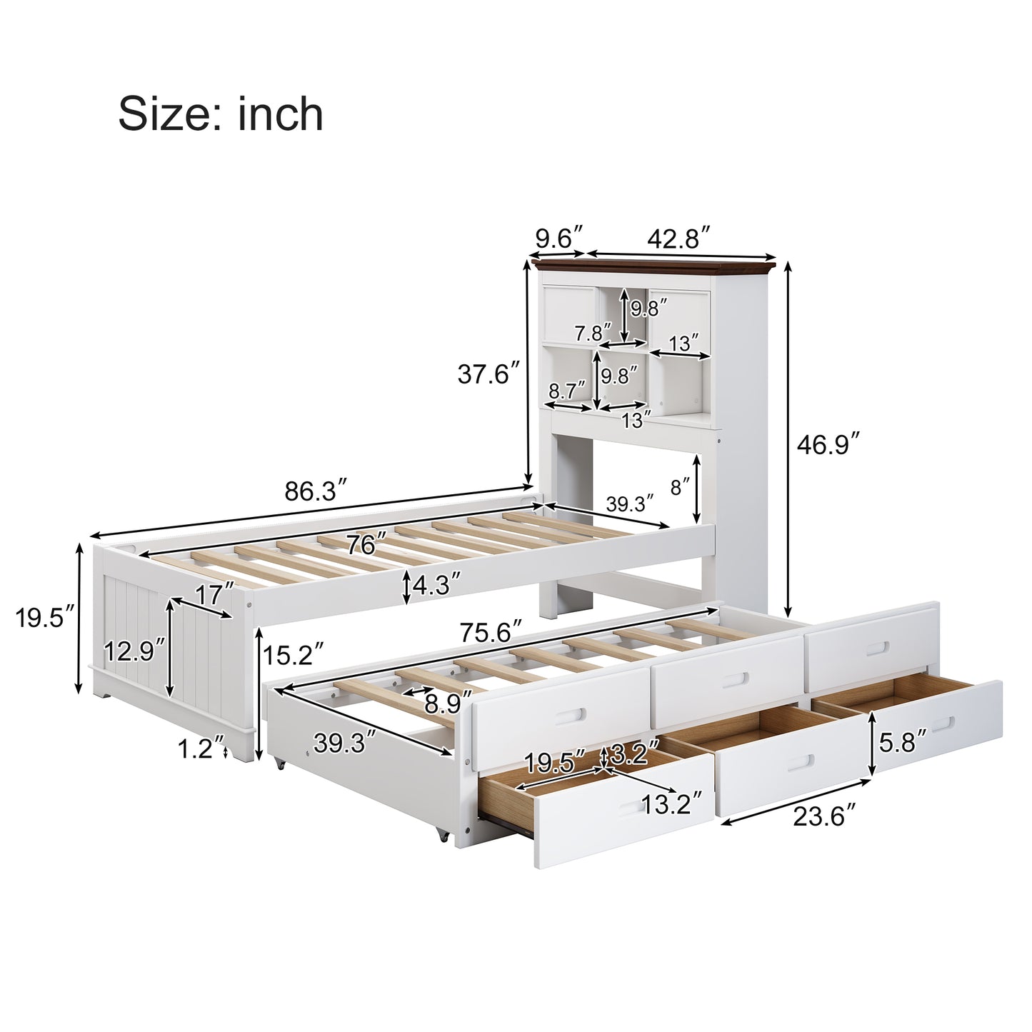 Twin Bookcase Bed with Trundle and Storage