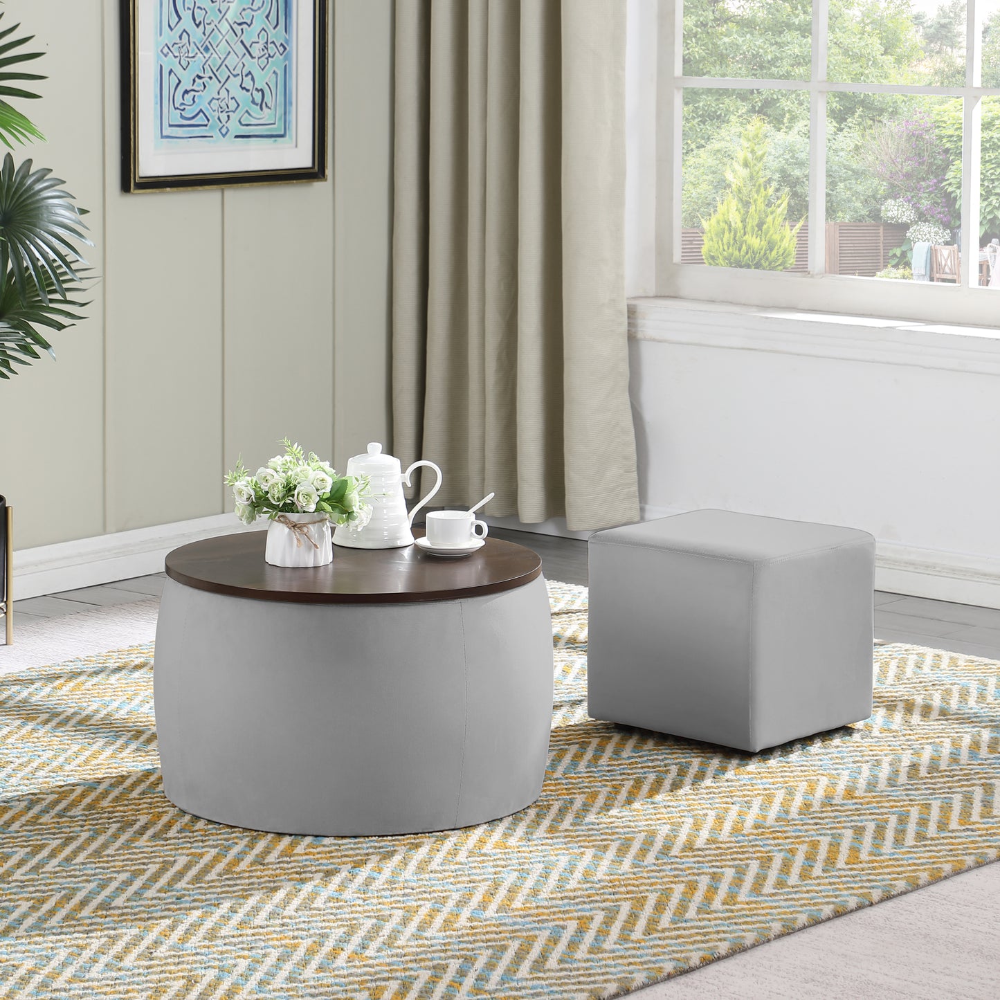 Versa Round Ottoman Set with Storage - Grey