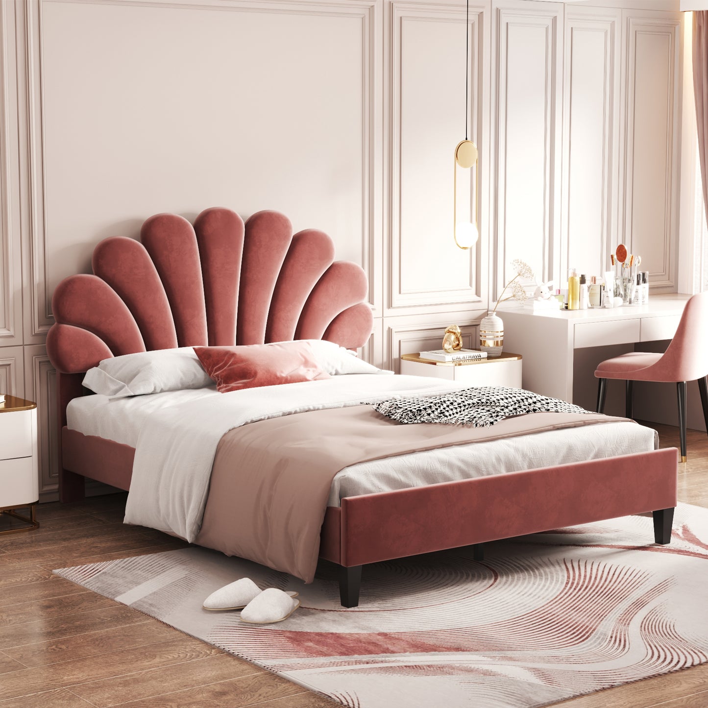 Floral Bliss Full Size Velvet Platform Bed Frame - Red
