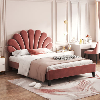 Floral Bliss Full Size Velvet Platform Bed Frame - Red