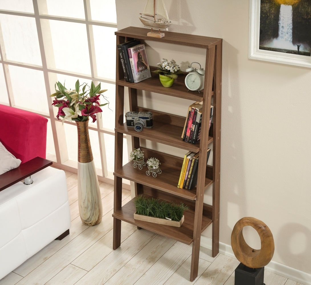 Otavio 5 Tier Modern Ladder Bookshelf - Walnut