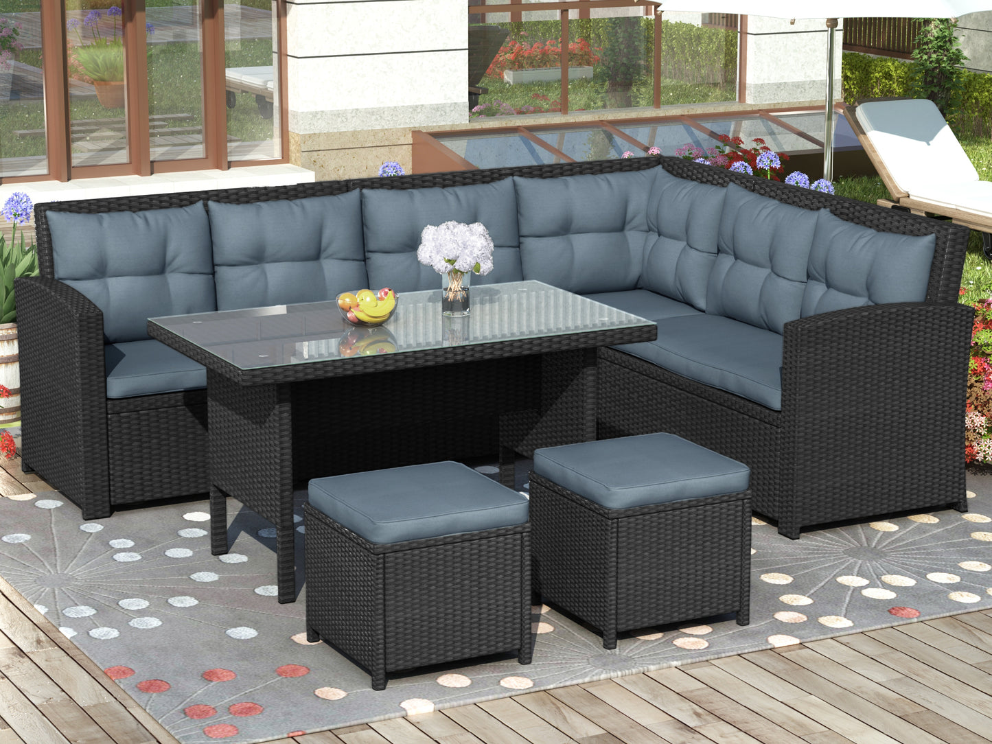 Elegant Oasis 6-Piece Outdoor Patio Furniture Set with Glass Table and Ottomans (Black)