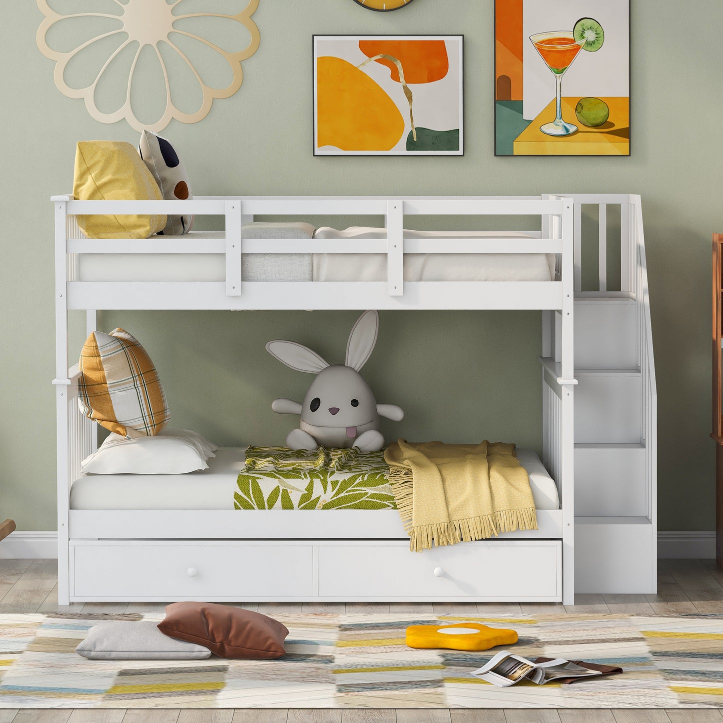 Dreamscape Twin Trundle Bunk Bed with Storage and Guard Rail - Snow White