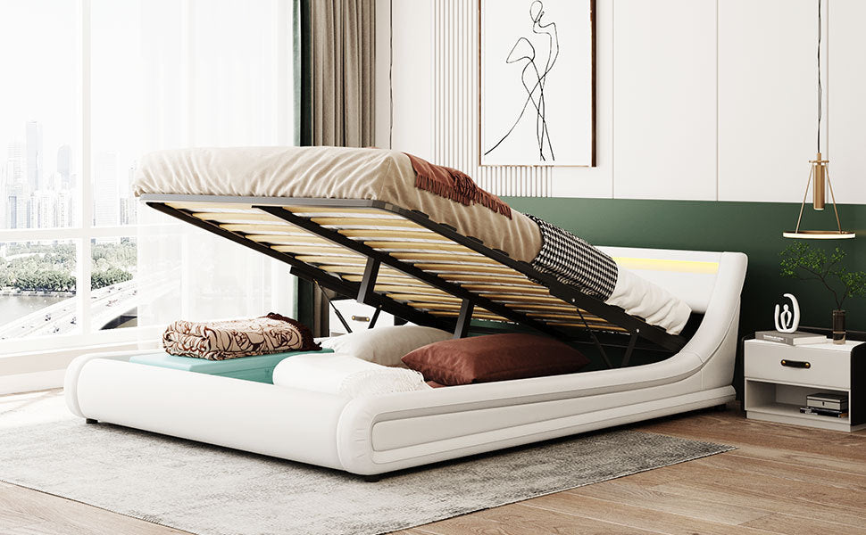 Farah Queen Size Storage Platform Bed w Hydraulic System - White
