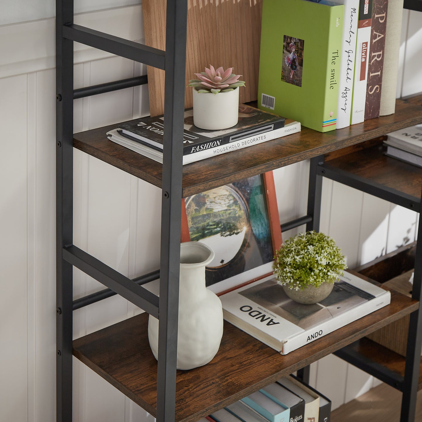 Triple Wide 5-shelf Bookshelves Industrial Retro Wooden Style - Rustic Brown