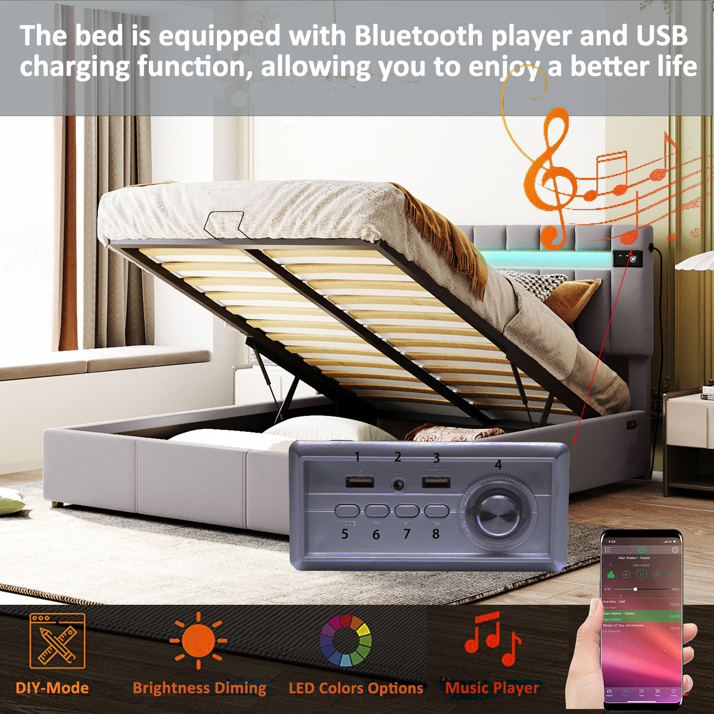 Luxury Dream Bed - Queen Size with LED light, Bluetooth Player and USB Charging