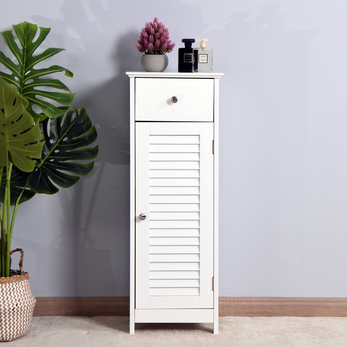 Elegant White Wood Bathroom Cabinet Set