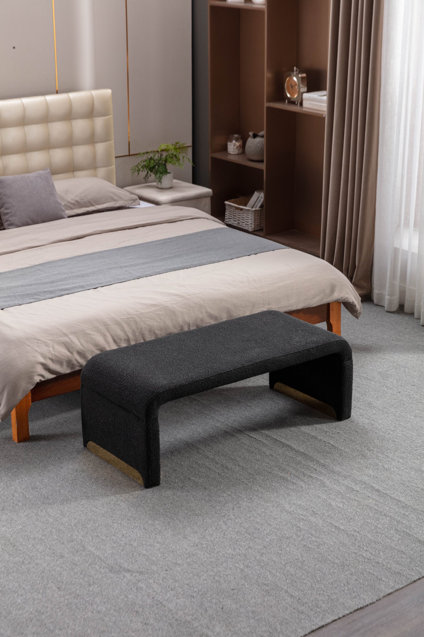 Boucle Fabric Ottoman - Black