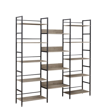 Triple Wide 5-shelf Bookshelves Industrial Retro Wooden Style - Grey