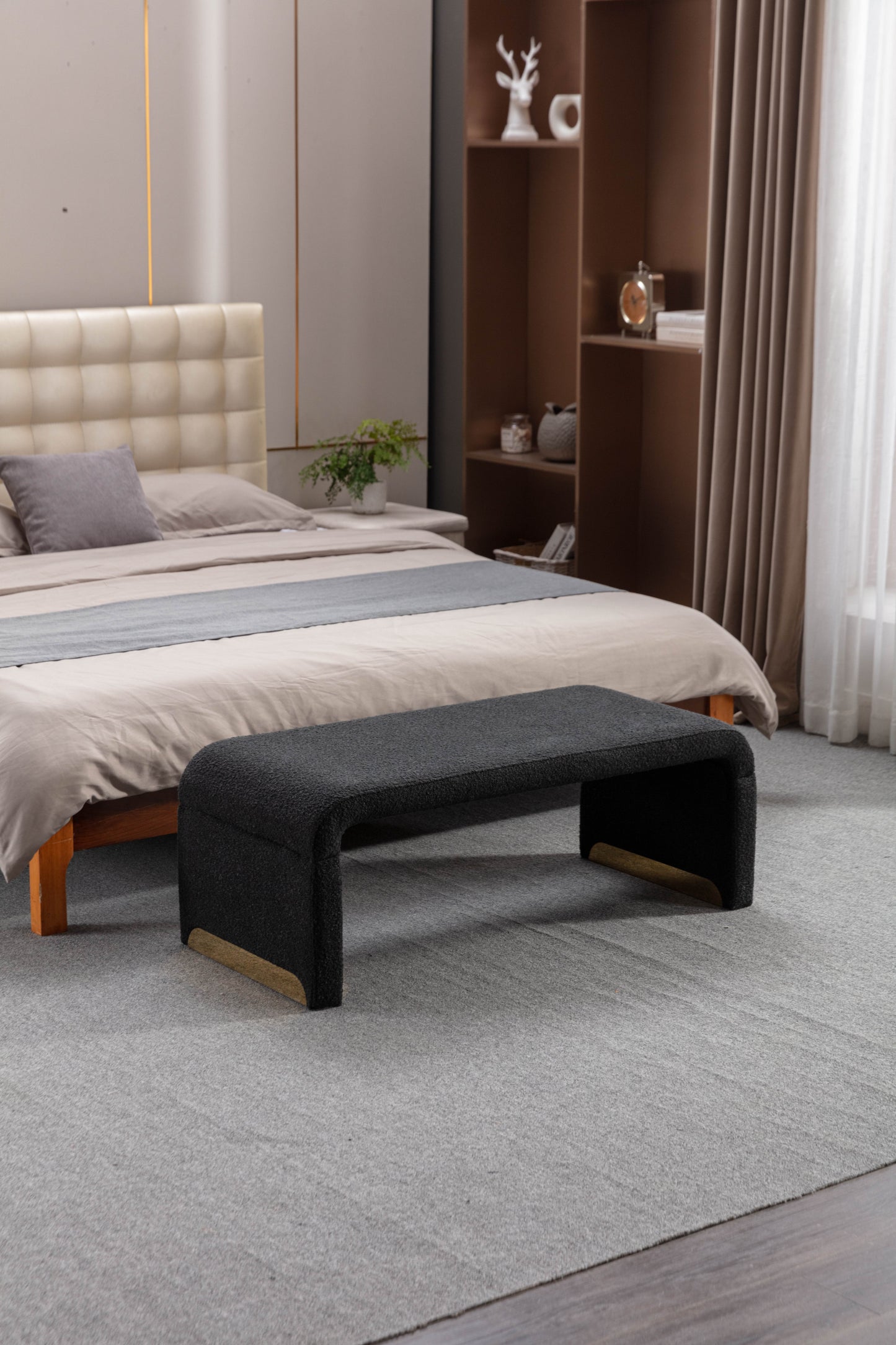 Boucle Fabric Ottoman - Black
