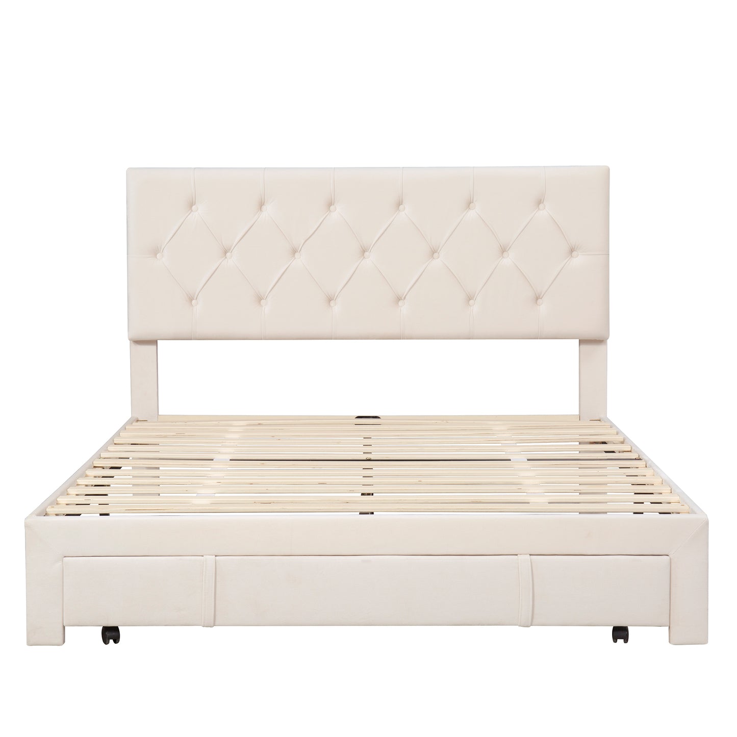 Helena Queen Size Velvet Platform Bed Frame - Beige