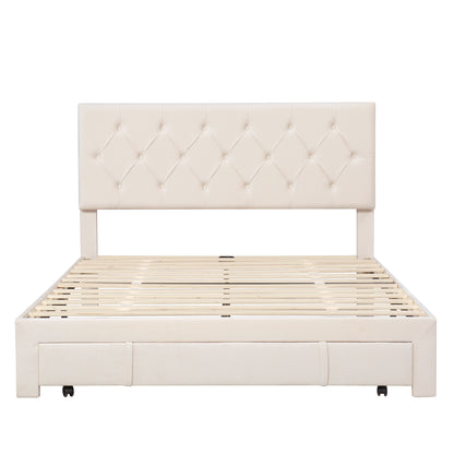 Helena Queen Size Velvet Platform Bed Frame - Beige