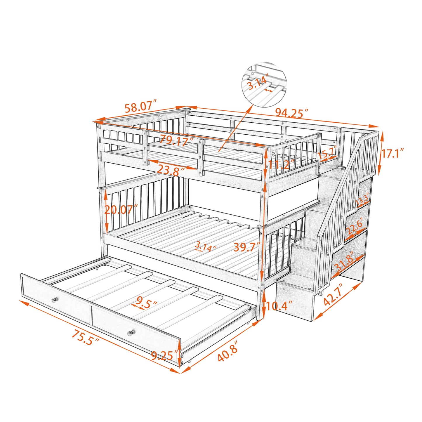 Dreamscape Twin Trundle Bunk Bed with Storage and Guard Rail - Snow White