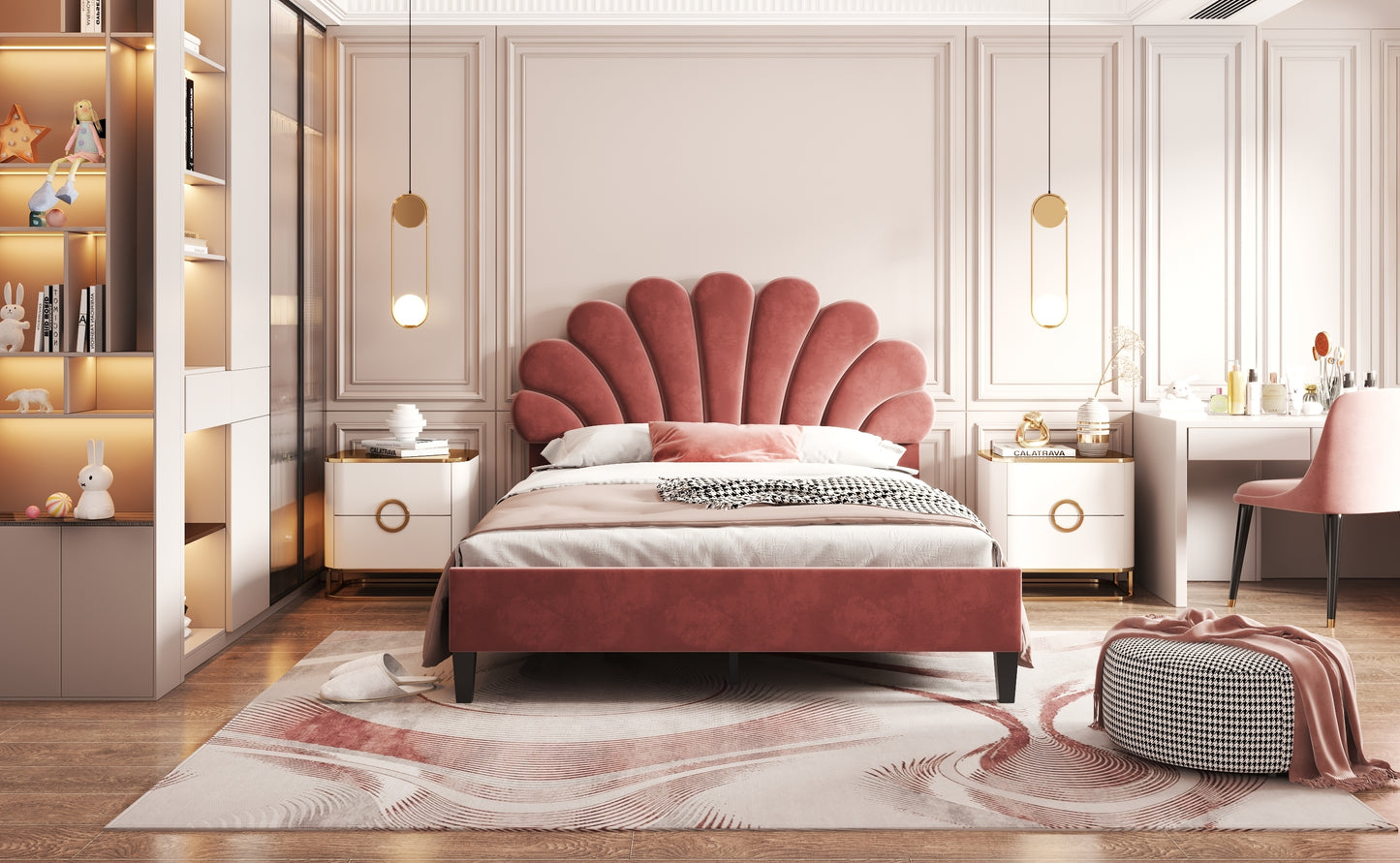 Floral Bliss Full Size Velvet Platform Bed Frame - Red