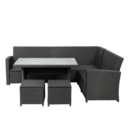 Elegant Oasis 6-Piece Outdoor Patio Furniture Set with Glass Table and Ottomans (Black)