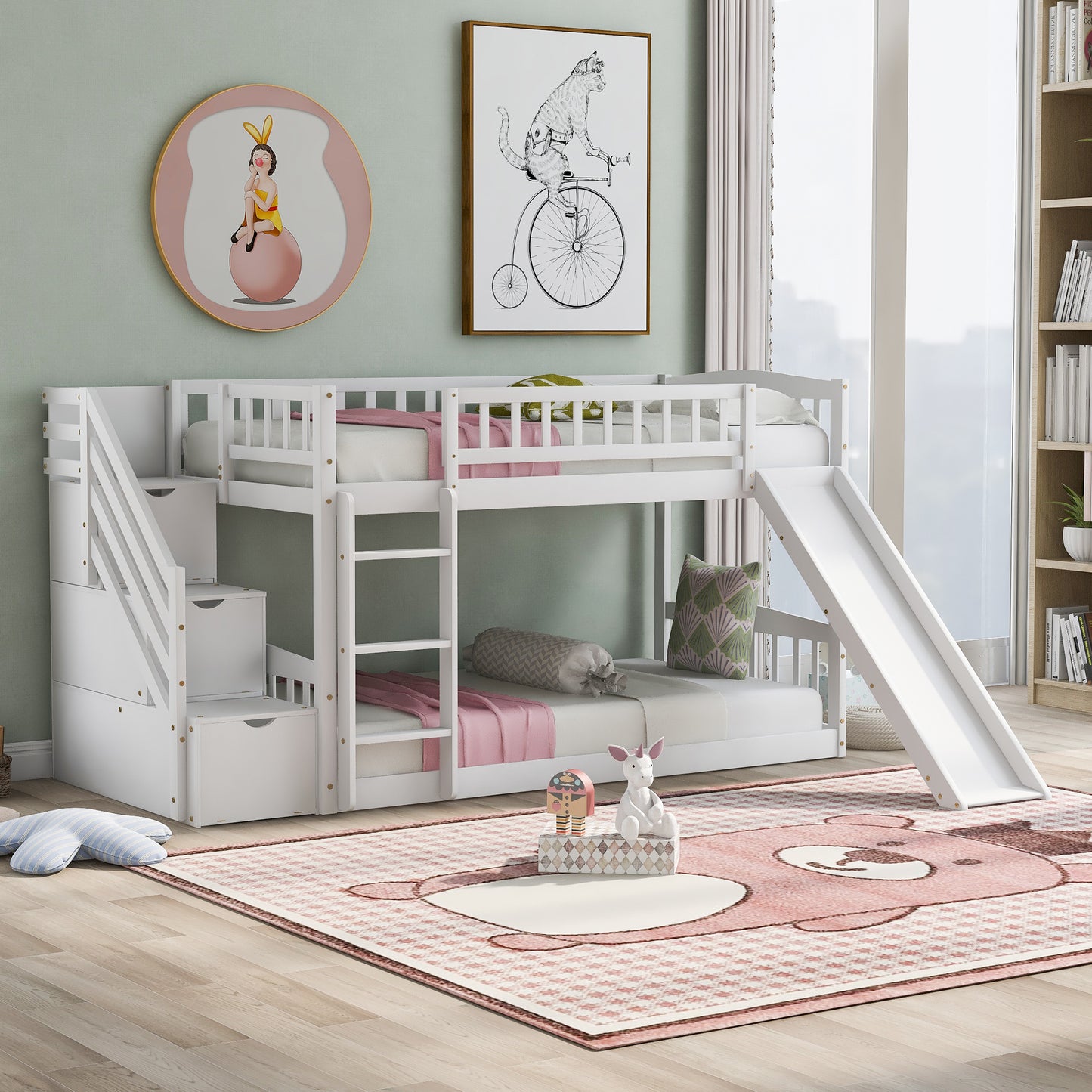 Dreamscape Twin over Twin Bunk Bed with Storage and Slide, Snow White
