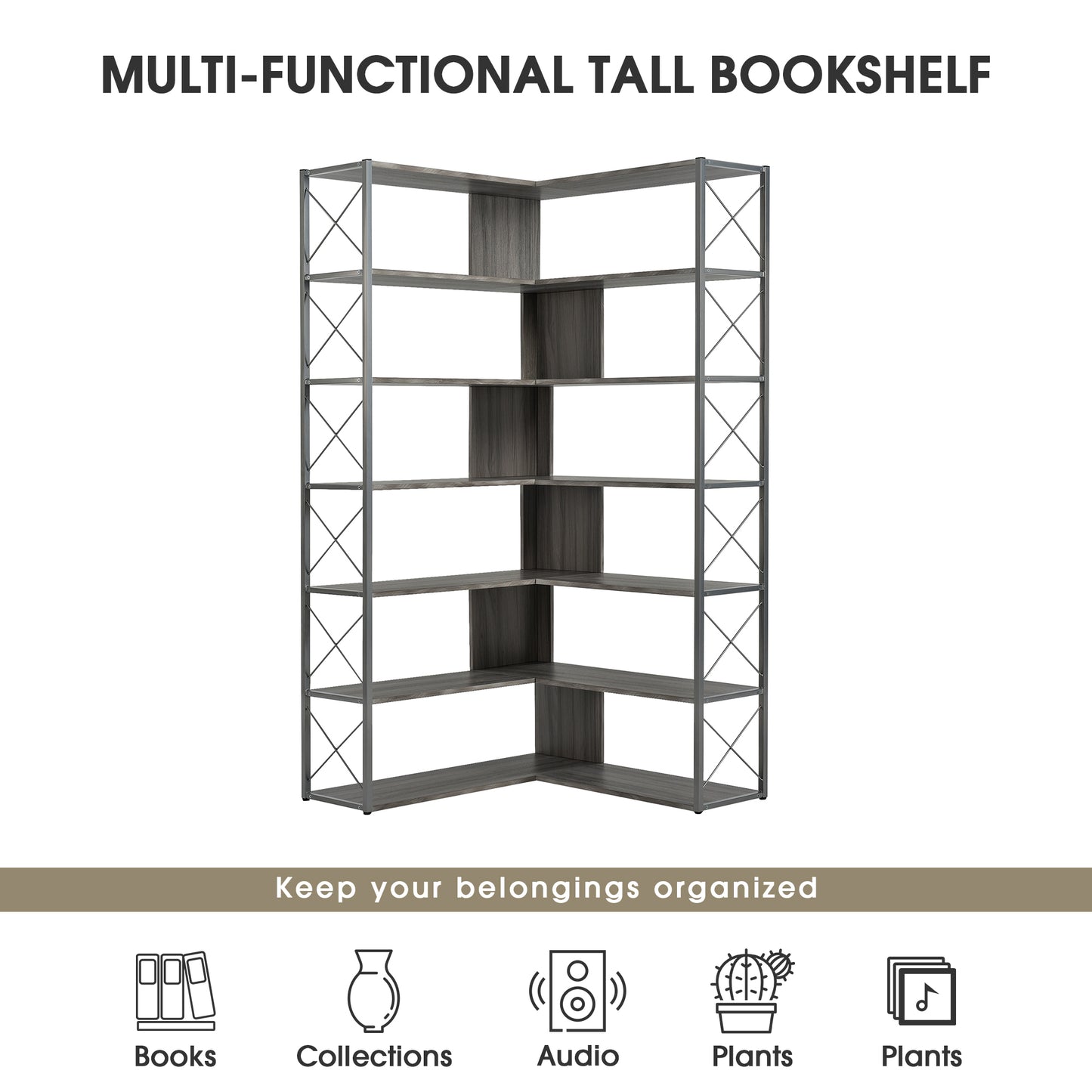 L-Shaped Corner Bookcase - Silver+Grey