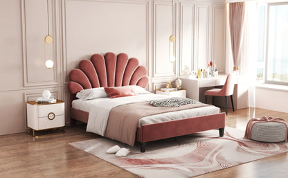 Floral Bliss Full Size Velvet Platform Bed Frame - Red