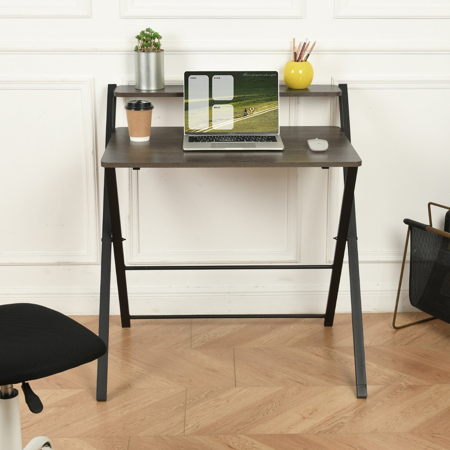 Foldable desk with tier - Walnut & Black