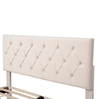 Helena Queen Size Velvet Platform Bed Frame - Beige