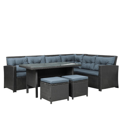 Elegant Oasis 6-Piece Outdoor Patio Furniture Set with Glass Table and Ottomans (Black)
