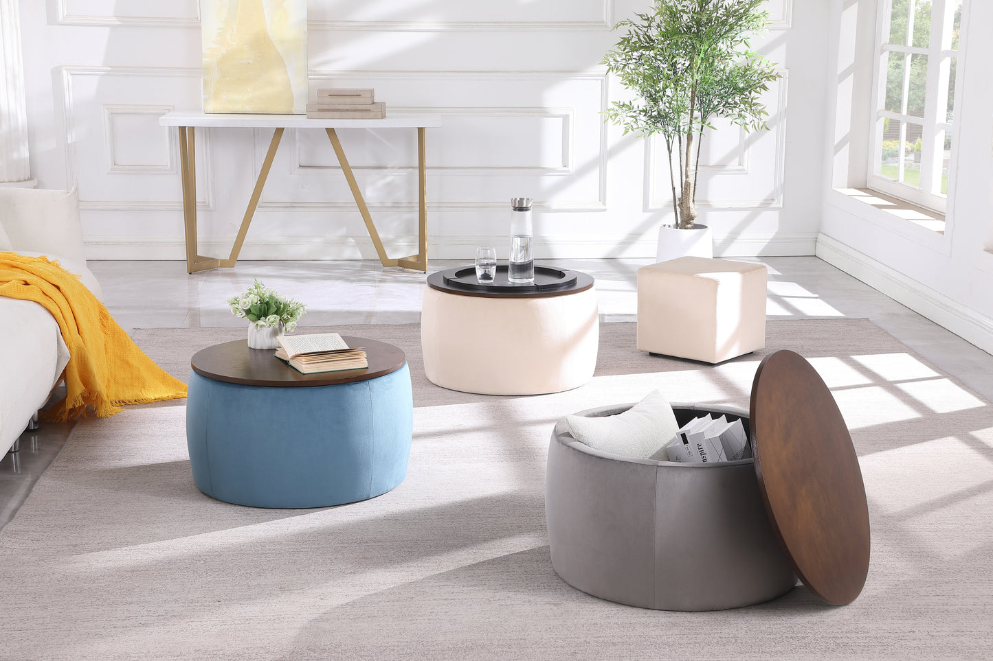Versa Round Ottoman Set with Storage - Grey