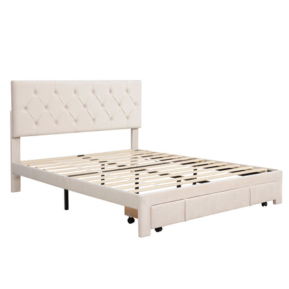 Helena Queen Size Velvet Platform Bed Frame - Beige