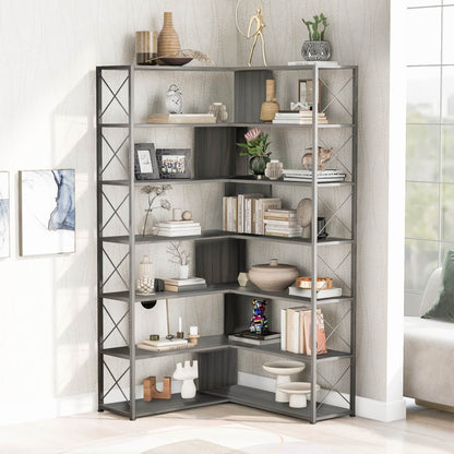 L-Shaped Corner Bookcase - Silver+Grey