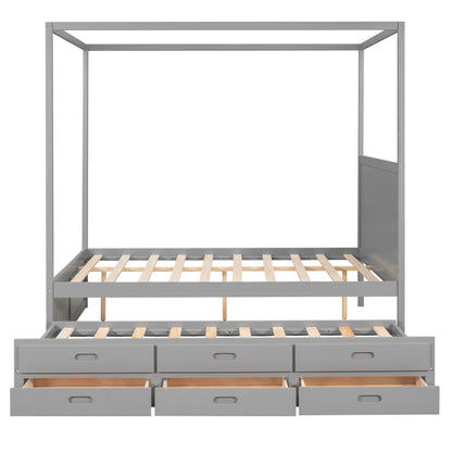 Elegant Haven Canopy Bed with Trundle and Storage, Gray