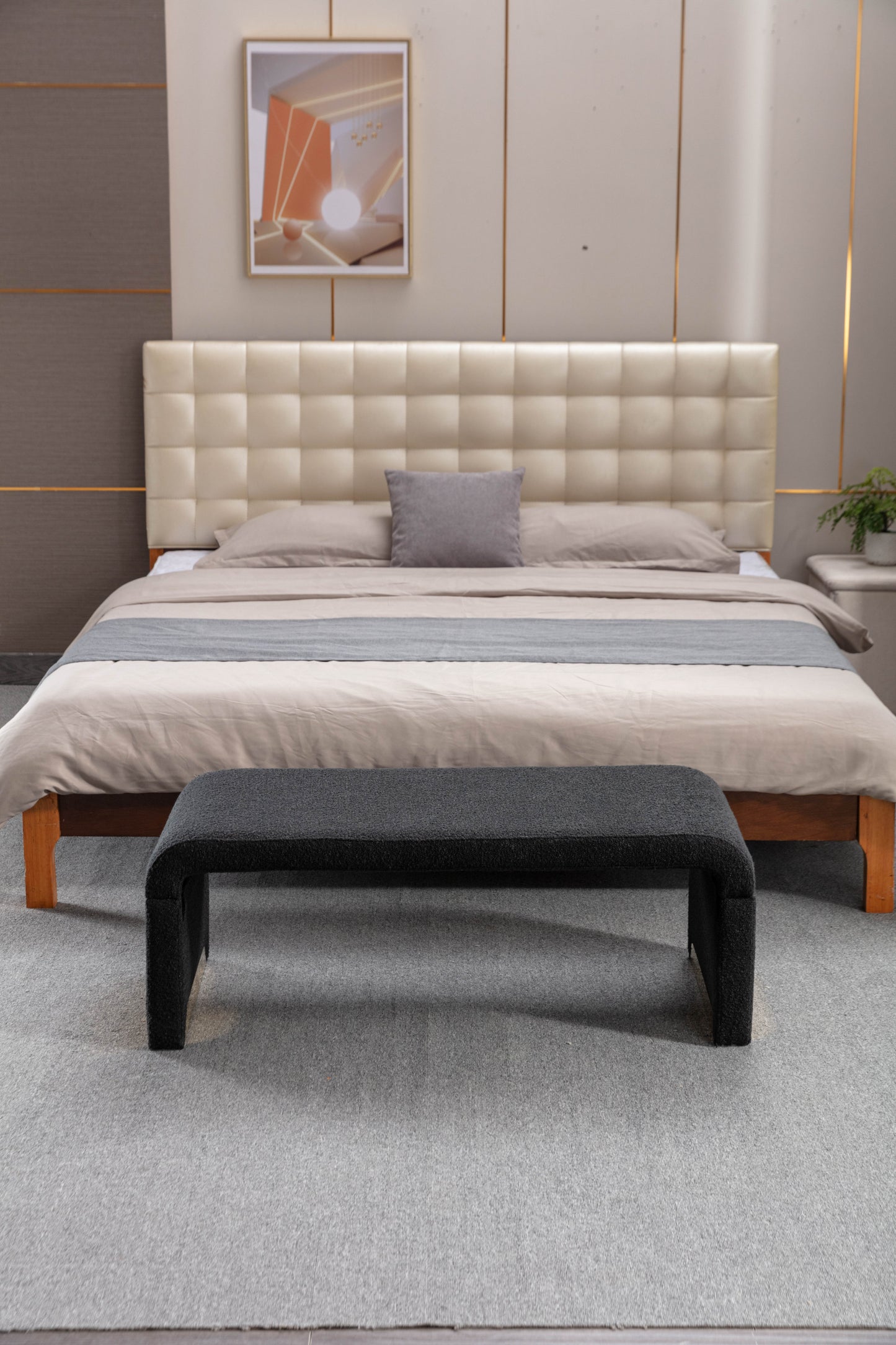 Boucle Fabric Ottoman - Black