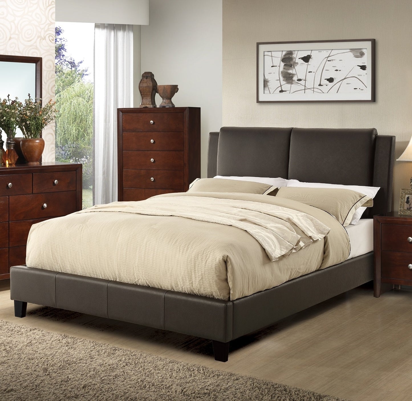 Niki Faux Leather Upholstered Queen Size Bed - Brown