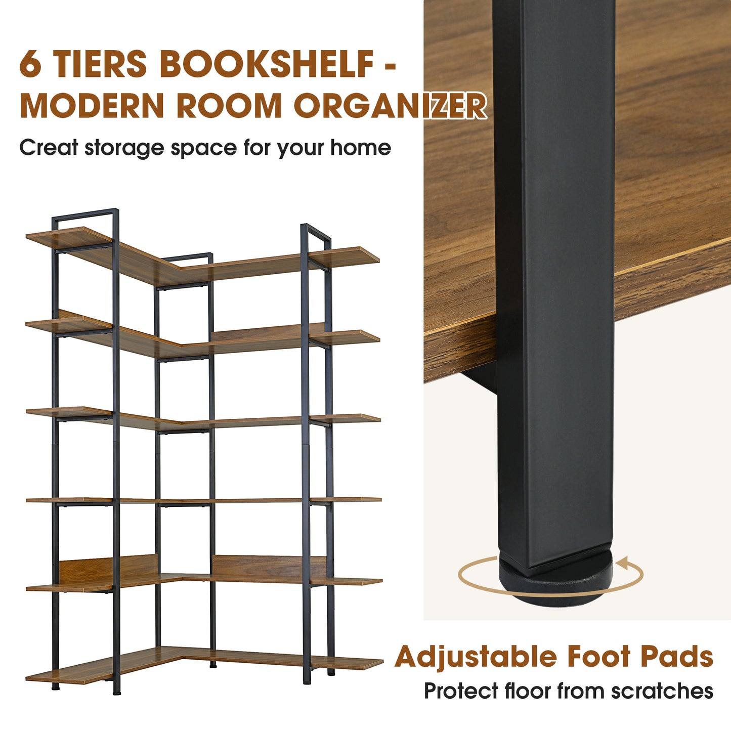 Stainless Steel Frame Corner 6-tier Shelves - Brown