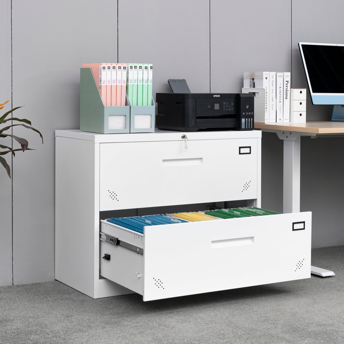Metal Steel 2 Drawer Lateral Filing Cabinet - White
