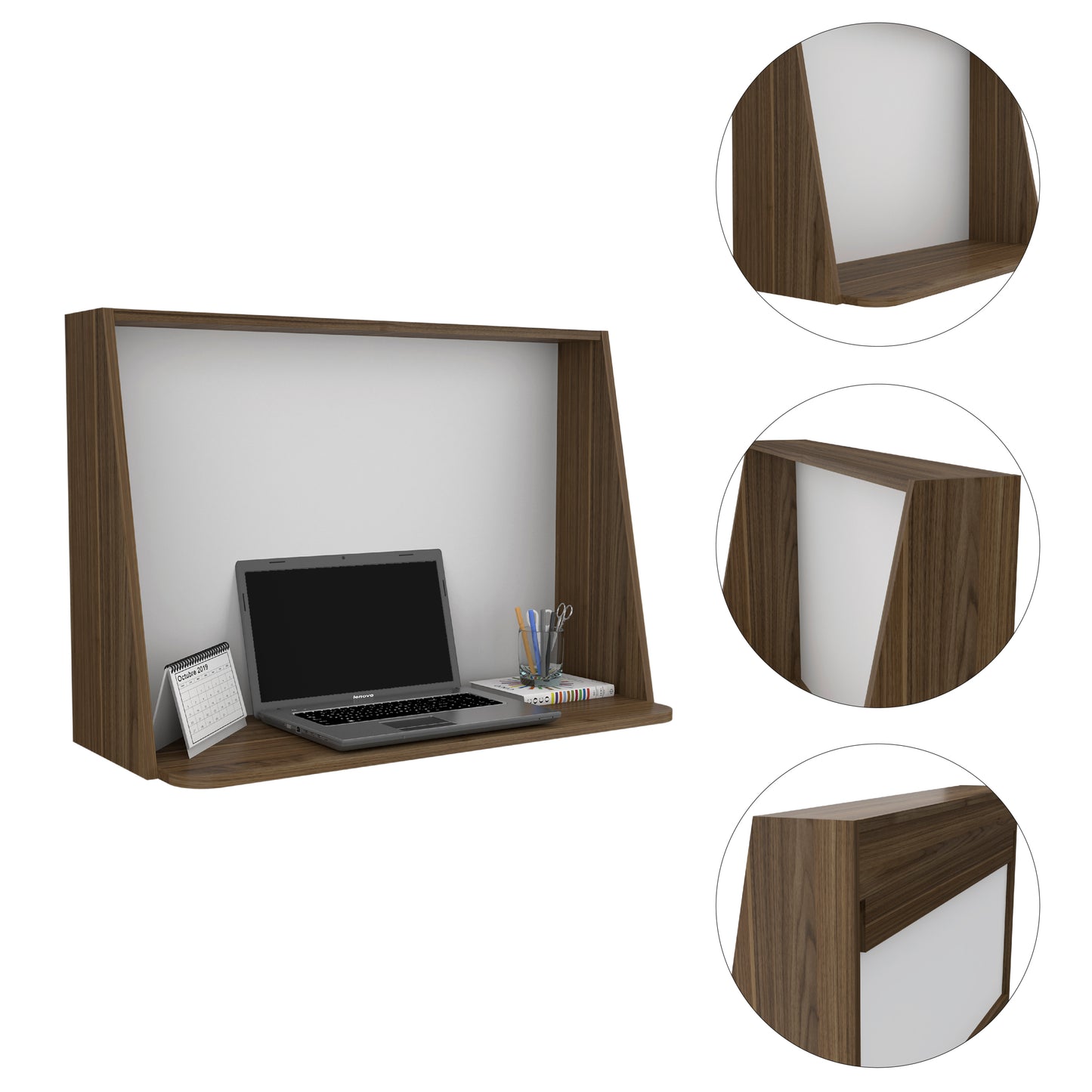 Zambia Wall Desk, Single Shelf - Mahogany / White