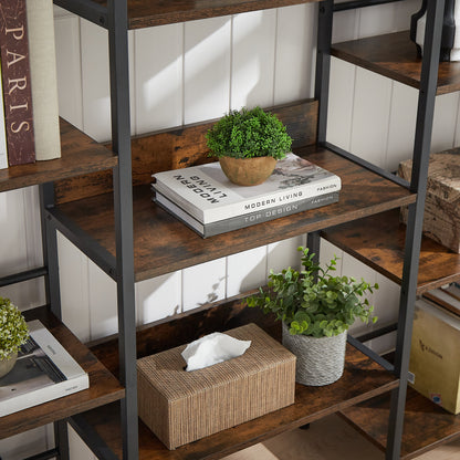 Triple Wide 5-shelf Bookshelves Industrial Retro Wooden Style - Rustic Brown