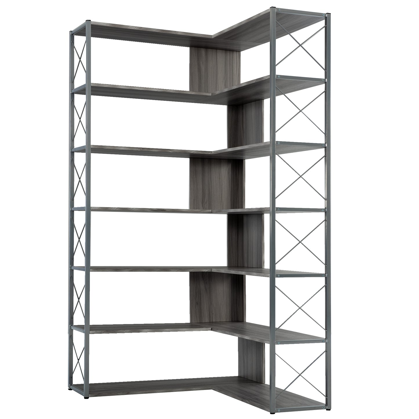 L-Shaped Corner Bookcase - Silver+Grey