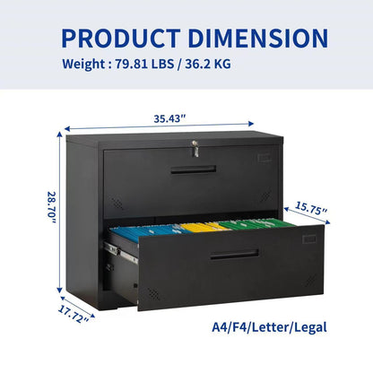 Metal Steel 2 Drawer Lateral Filing Cabinet - Black