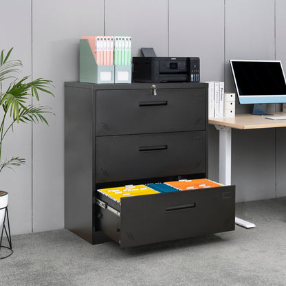 Lock Metal Steel 3 Drawer Lateral Filing Cabinet - Black