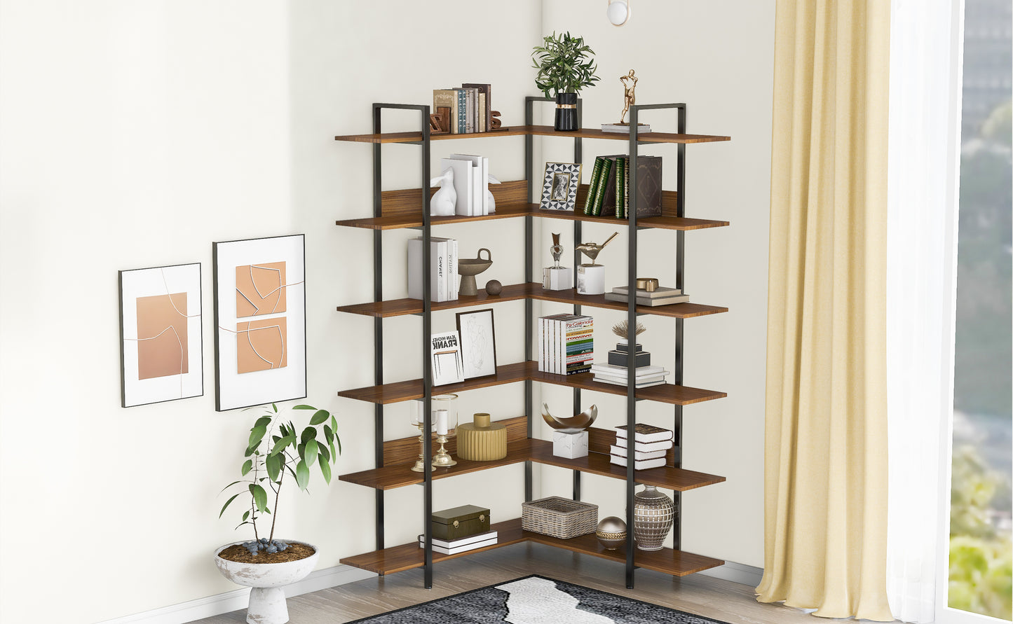 Stainless Steel Frame Corner 6-tier Shelves - Brown