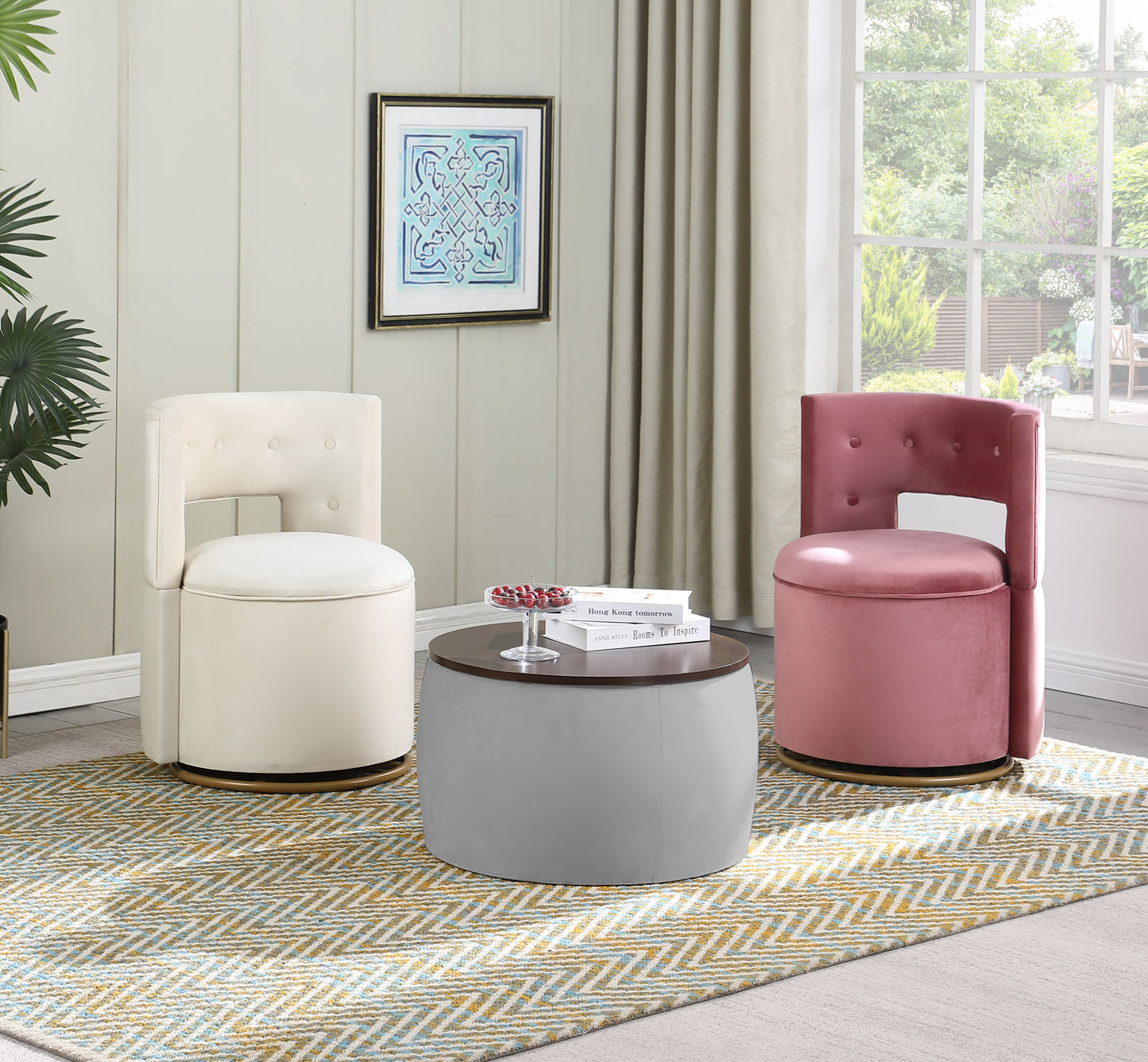Versa Round Ottoman Set with Storage - Grey