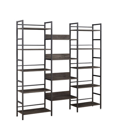 Triple Wide 5-shelf Bookshelves Industrial Retro Wooden Style - Dark Grey
