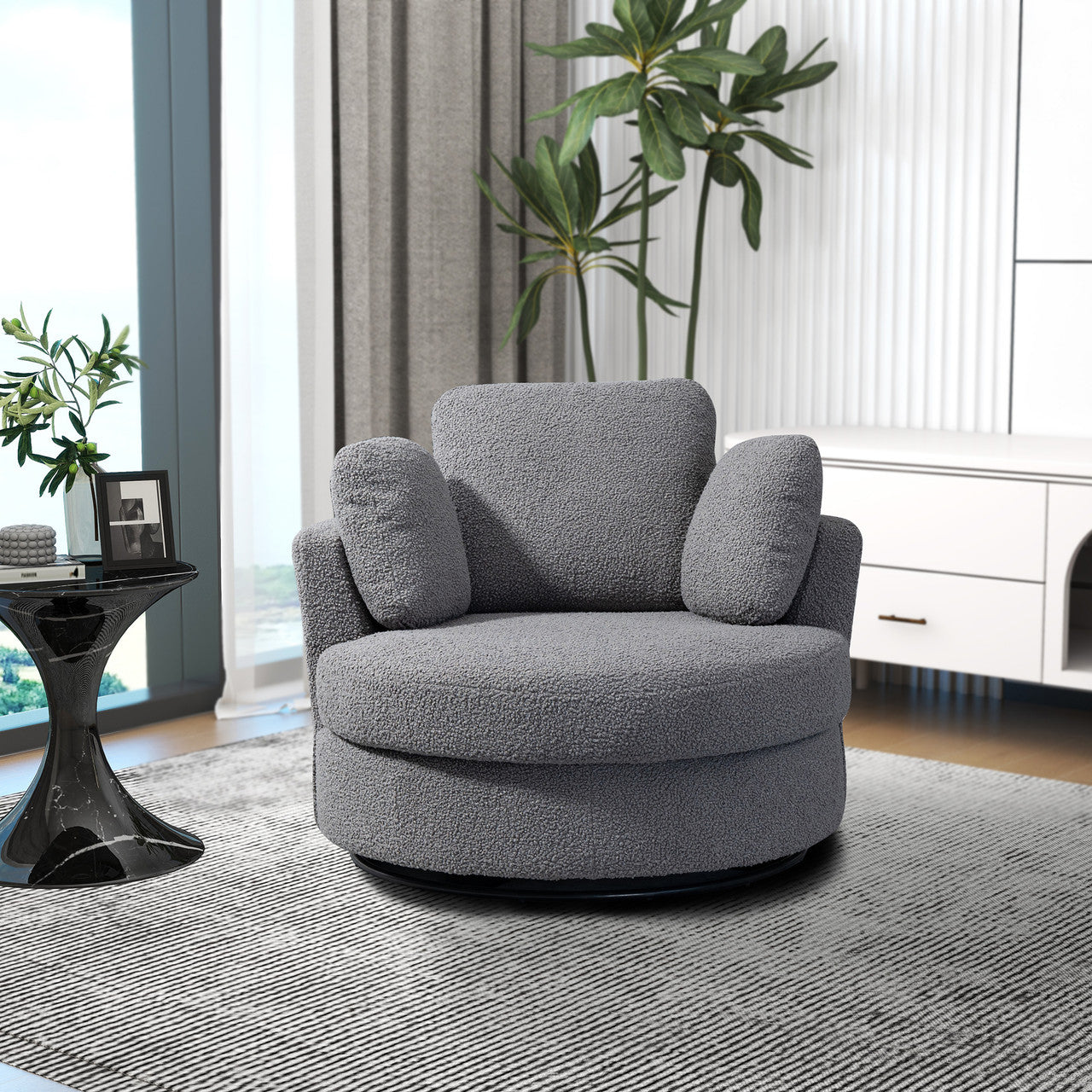 Dark Gray Boucle Swivel Barrel Chair