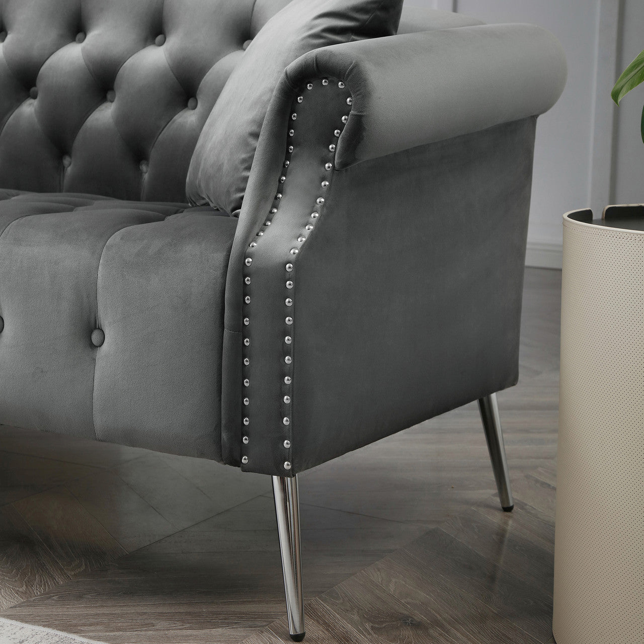 Classic Chesterfield Grey Velvet Loveseat