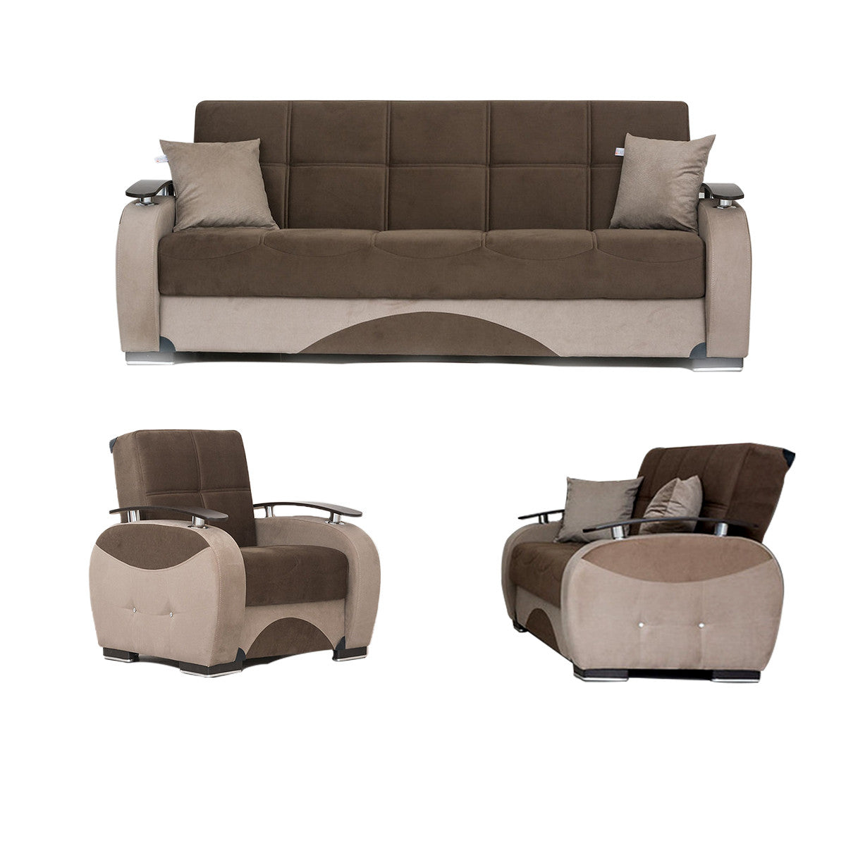 Besan Dark Beige Fabric w-Wood Arm Loveseat