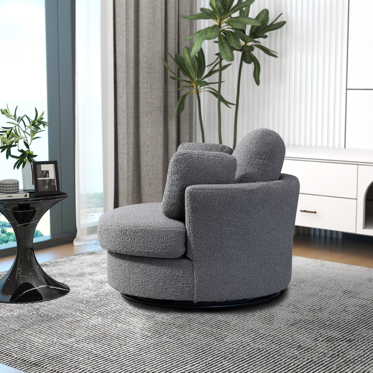 Dark Gray Boucle Swivel Barrel Chair