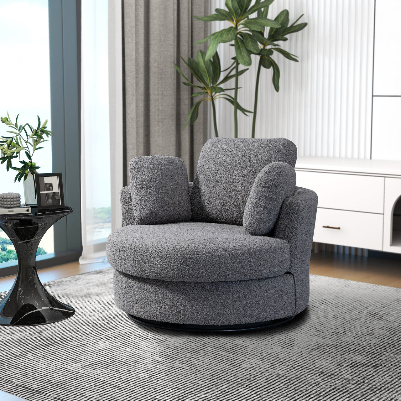 Dark Gray Boucle Swivel Barrel Chair