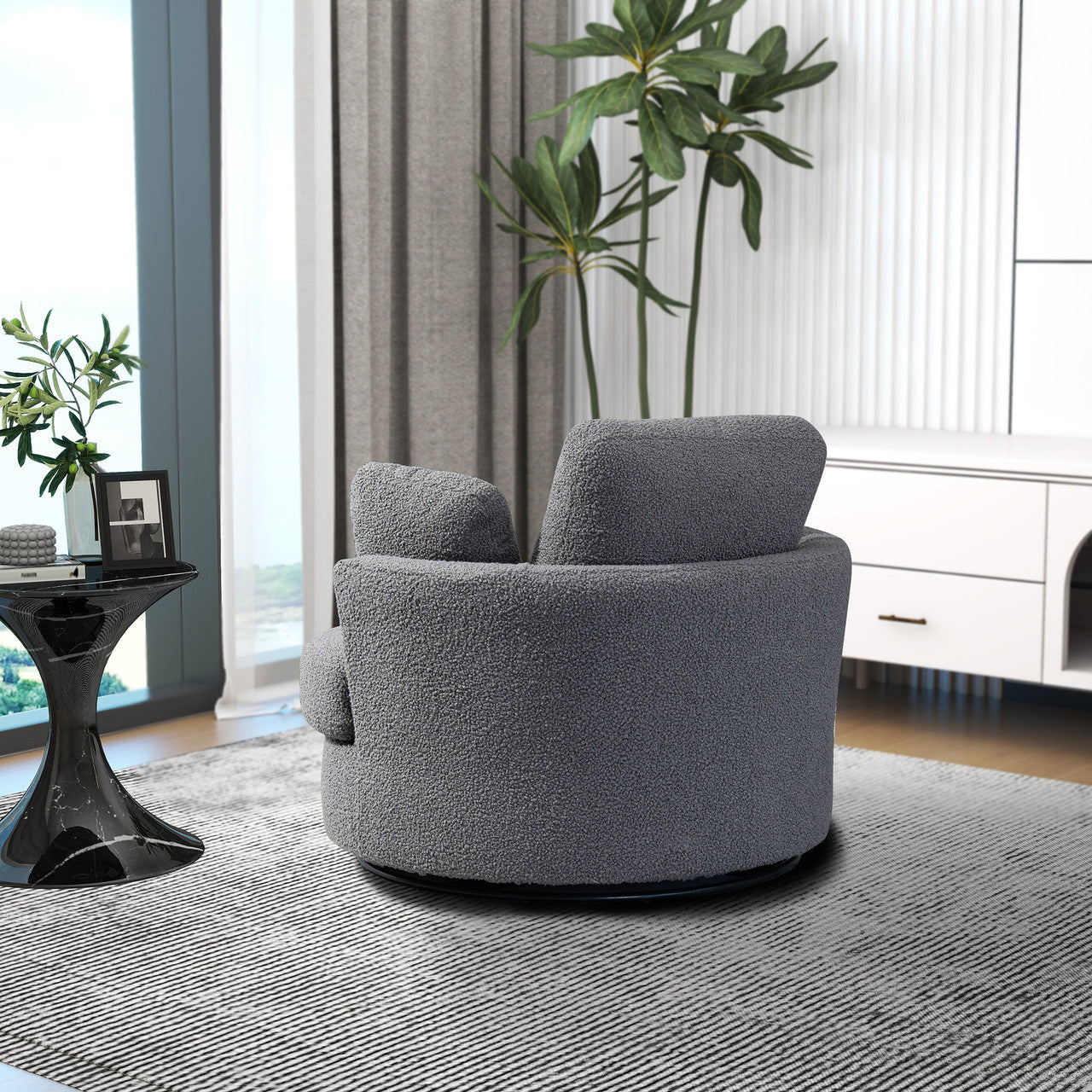 Dark Gray Boucle Swivel Barrel Chair