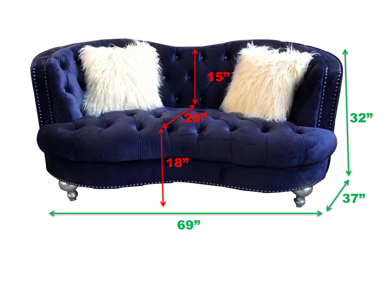 Coastal Blue Velvet Button Tufted Loveseat